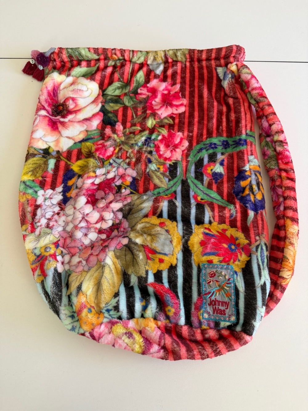 Johnny Was Red and Black Striped Floral Fleece Shoulder Pack Bag